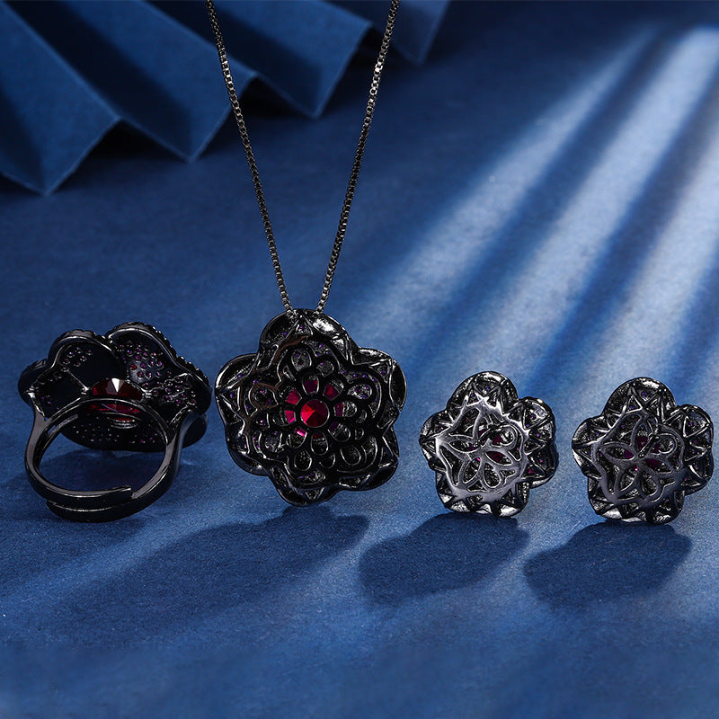 earrings  New jewelry gold-plated copper base simulated red corundum flower black gold set