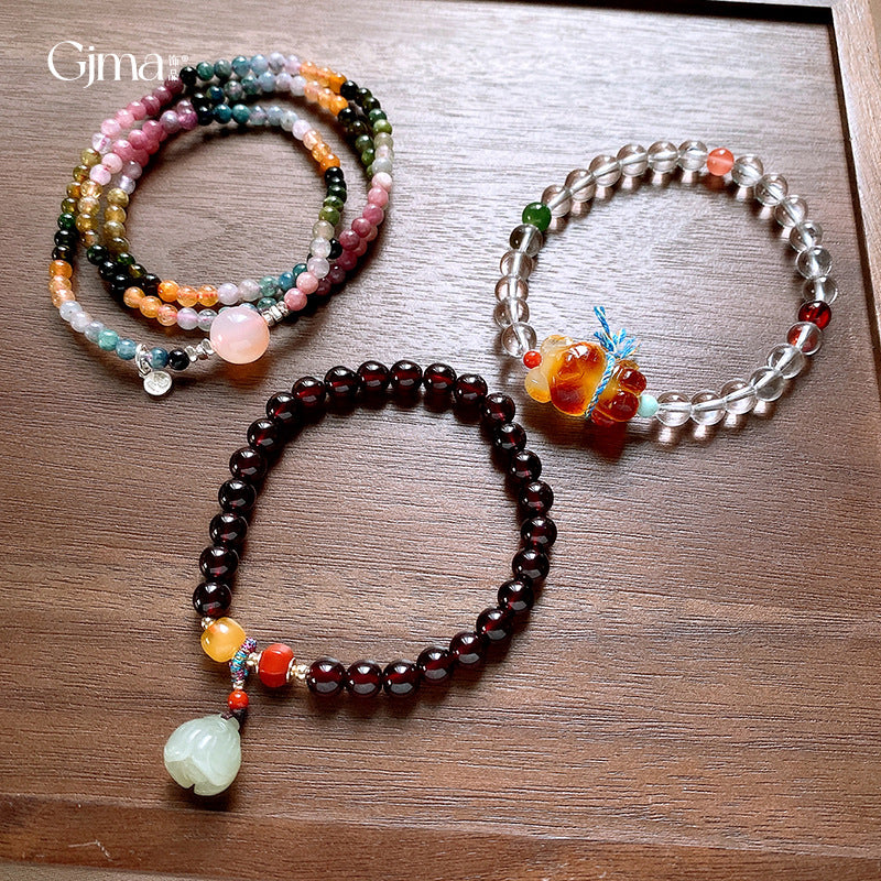Bracelet  Hetian Jade Lotus Garnet Bearwax Bear Elastic Bracelet