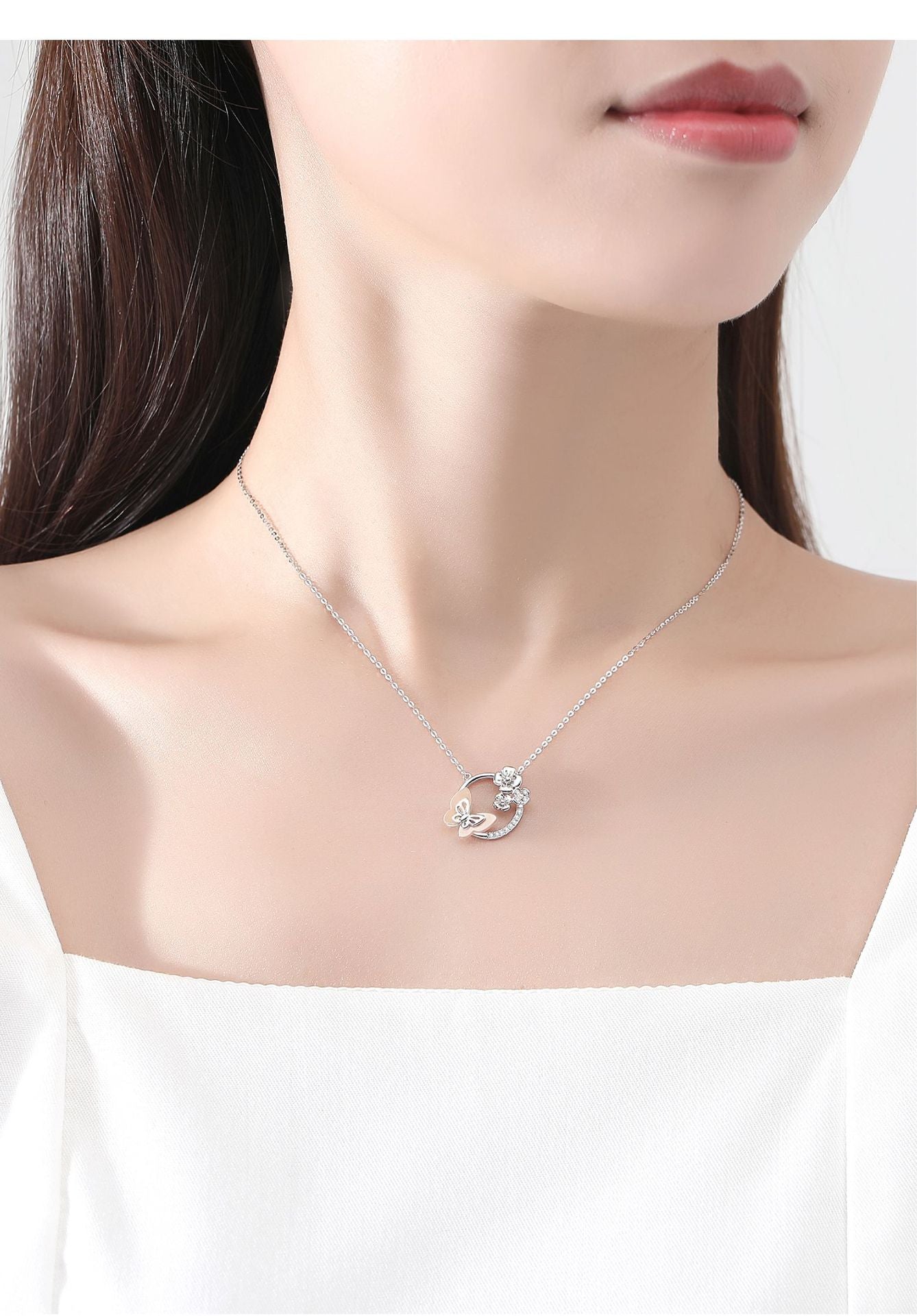 S925 Silver New Product Natural Powder Mother Shell Flower Spirit Butterfly Dream Necklace Clavicular Chain Women's Jewelry