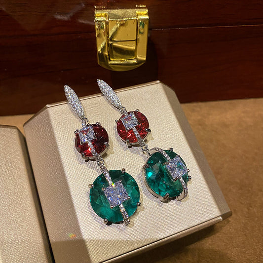 Micro inlaid with two colorful crystals, versatile silver needle earrings