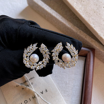 5A grade zircon wheat ear earrings with genuine gold electroplating, female S925 pure silver needle, Shijia pearl earrings, ear accessories