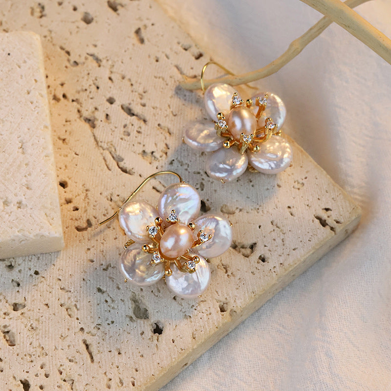 Natural Baroque Pearl Earrings, Simple Style Earrings S925 Silver Needle Flower Earrings