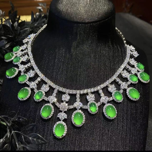 Ice seed emerald jade color jadeite plated 925 silver necklace