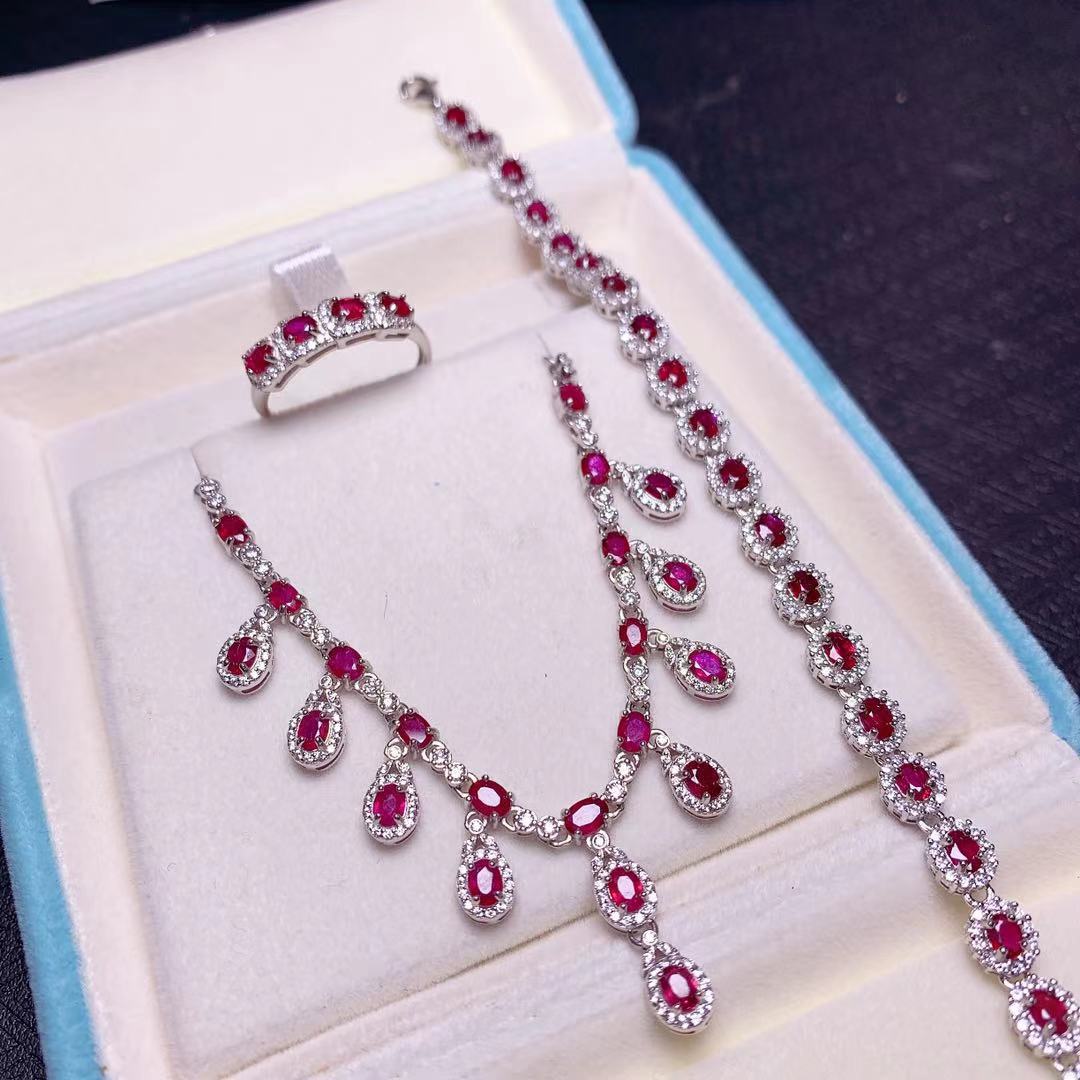 Natural Pigeon Blood Ruby Set Full Body 925 Silver Inlaid Charm Color Gemstone Jewelry