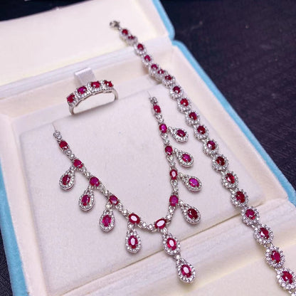 Natural Pigeon Blood Ruby Set Full Body 925 Silver Inlaid Charm Color Gemstone Jewelry