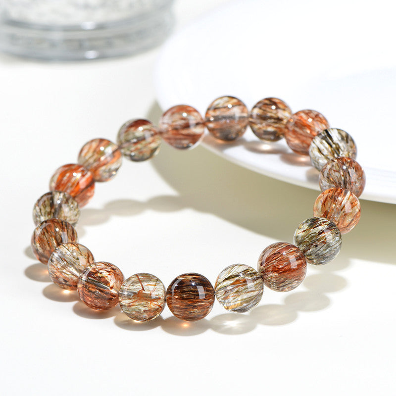 Jiuya Crystal Natural 7A Grade Straight Hair Black Gold Super Seven Round Bead Bracelet