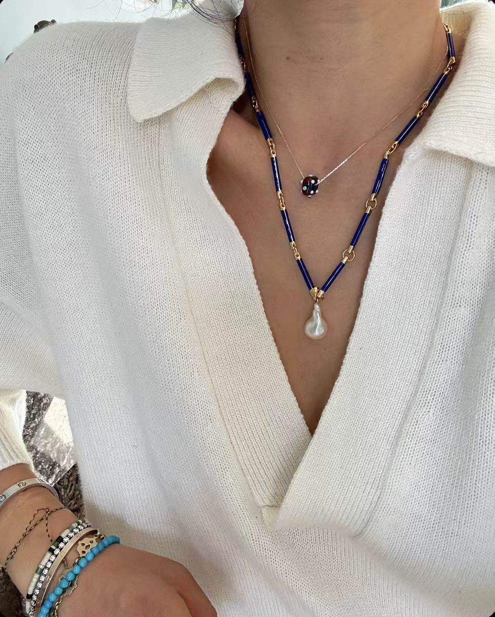 Summer vacation style blue starfish necklace, women's commuting bamboo necklace, simple and versatile, imitation Baroque pearl pendant