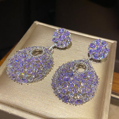 Retro round purple diamond inlaid earrings, fashionable and versatile earrings, silver needle earrings