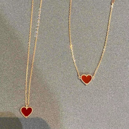 High version V gold small heart necklace for women, thick plated 18k rose gold heart-shaped red agate collarbone chain