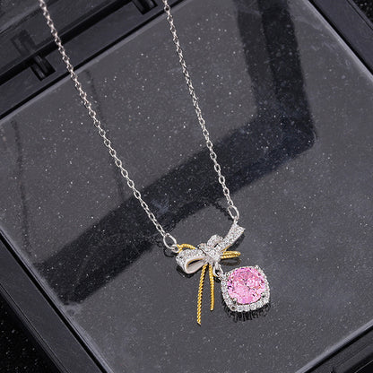 S925 pure silver romantic bow pink zircon necklace exquisite, light luxury, high-end feeling chain