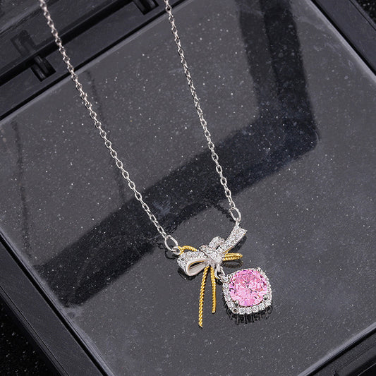 S925 pure silver romantic bow pink zircon necklace exquisite, light luxury, high-end feeling chain