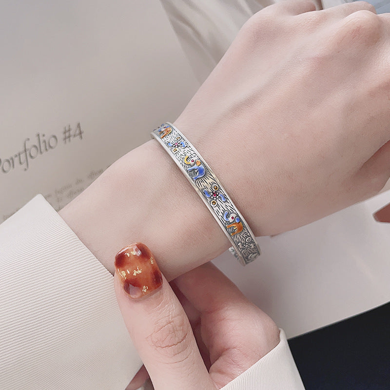 S999 pure silver matte craftsmanship auspicious auspicious elephant dropper pattern inner circle heavy industry design exquisite bracelet