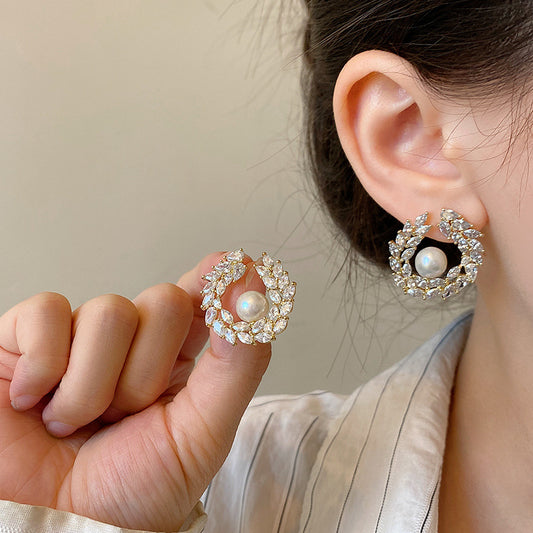 5A grade zircon wheat ear earrings with genuine gold electroplating, female S925 pure silver needle, Shijia pearl earrings, ear accessories