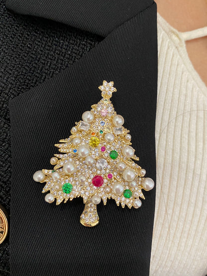 Original natural pearl copper zircon Christmas tree chest flower brooch Christmas gift