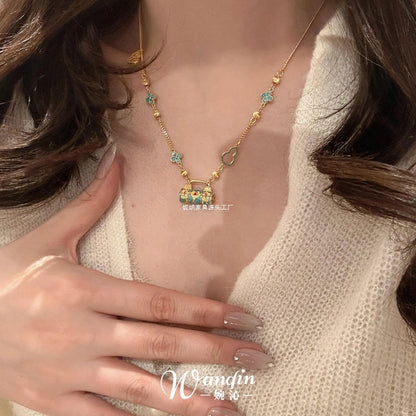 New Chinese style enamel fired blue safety lock pendant necklace