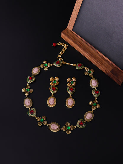 Vintage flower antique necklace, personalized retro accessory set, vintage court heart earrings