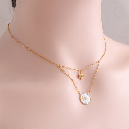 Titanium steel necklace, compass, eight pointed star necklace, Roman retro style, double-layer layered collarbone chain