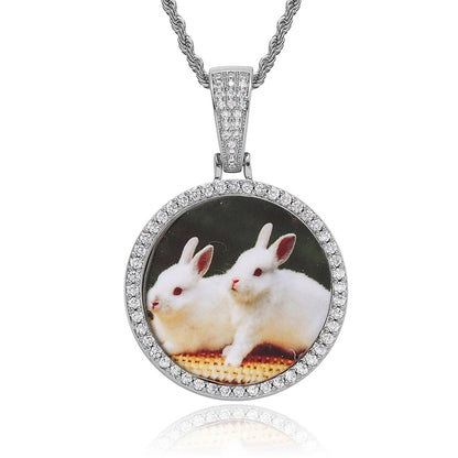 Hip hop S925 sterling silver moissanite round photo frame pendant, personalized accessory, men's necklace