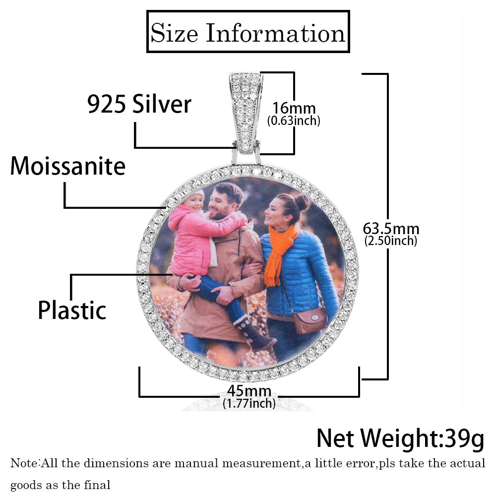 Hip hop S925 sterling silver moissanite round photo frame pendant, personalized accessory, men's necklace