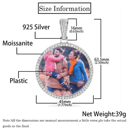 Hip hop S925 sterling silver moissanite round photo frame pendant, personalized accessory, men's necklace