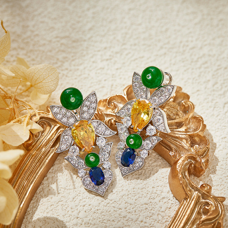 New Secret Garden Earrings Gold Plated with Pear shaped Yellow Diamonds, High Grade Flower Cluster Earrings