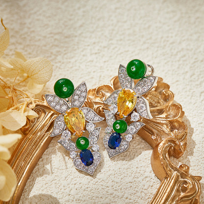 New Secret Garden Earrings Gold Plated with Pear shaped Yellow Diamonds, High Grade Flower Cluster Earrings
