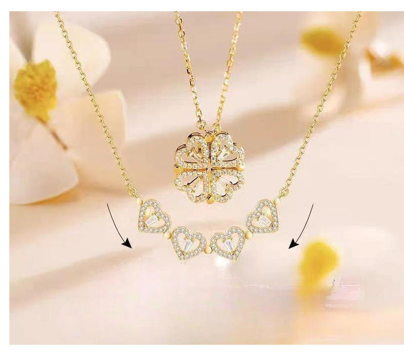 S925 pure silver heart-shaped clover necklace with flowers full of diamonds, light luxury style collarbone chain, a two piece jewelry