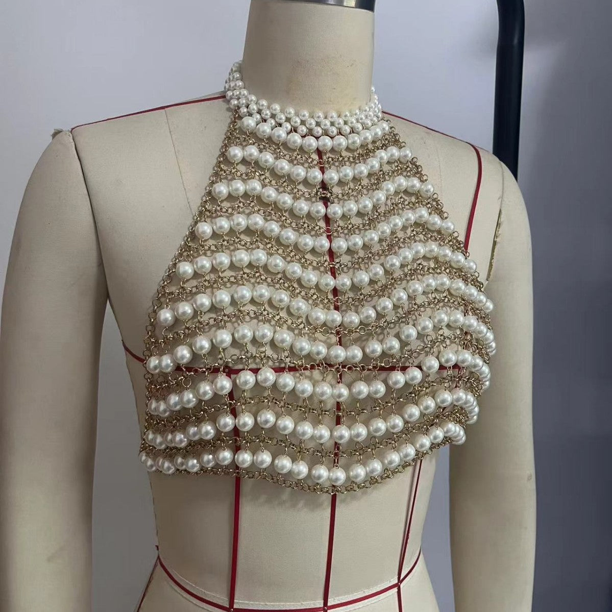 L6561Y Handmade Shell Beach Chest Chain Body Chain Corset Holiday Outfit Pearl Chain Vest Top