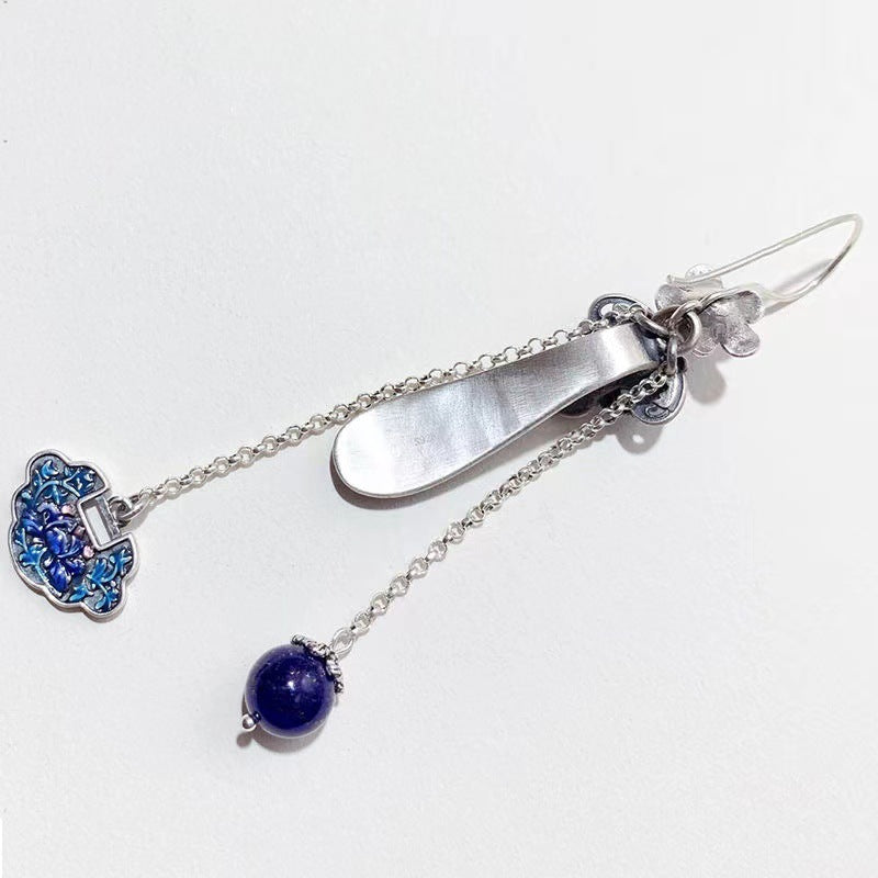 2025 Hanfu Cotton and Hemp Accessories Enamel Silver Ruyi Earrings Long Style Lapis lazuli