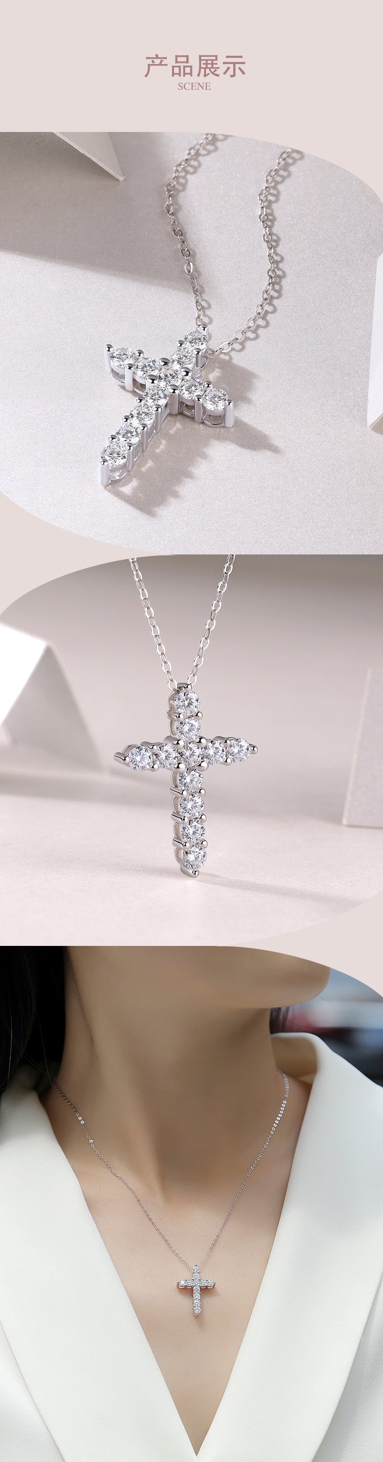 Fashionable temperament, light luxury S925 silver faith necklace for women, non fading cross, moissanite collarbone chain