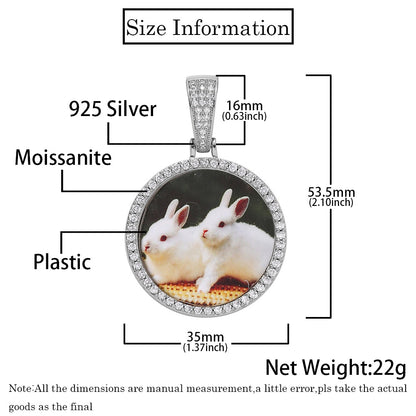 Hip hop S925 sterling silver moissanite round photo frame pendant, personalized accessory, men's necklace