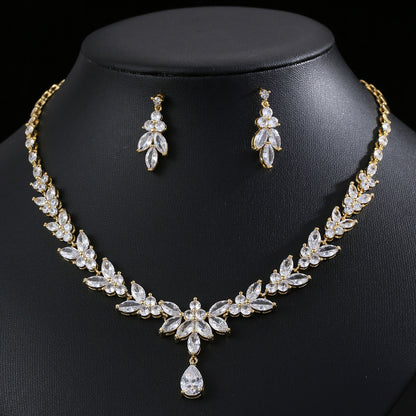European and American Fashion Zircon Necklace+Earring Set Bridal Dress Banquet Accessories # Women's Holiday Wear