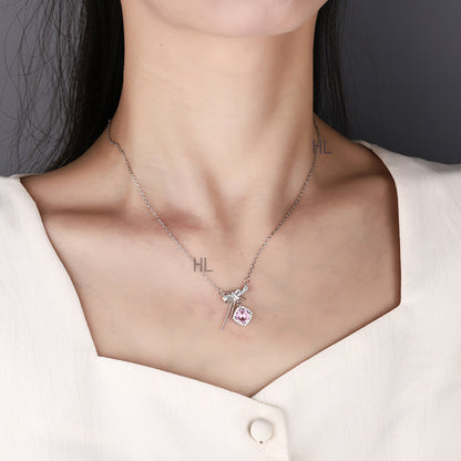 S925 pure silver romantic bow pink zircon necklace exquisite, light luxury, high-end feeling chain