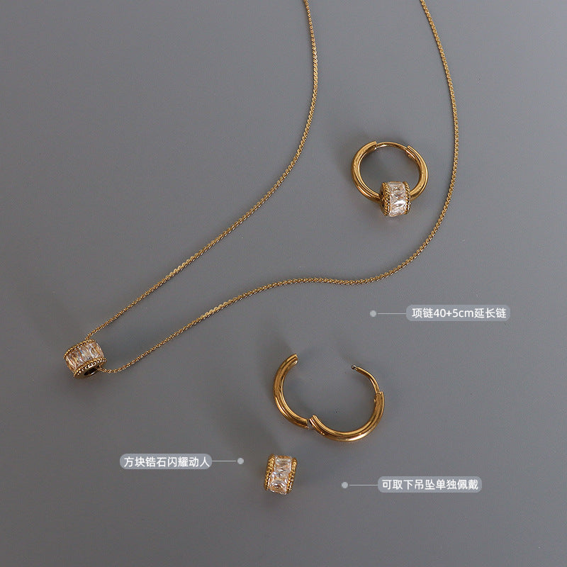 French style diamond studded geometric minimalist earrings titanium steel plated 18K gold versatile necklace set
