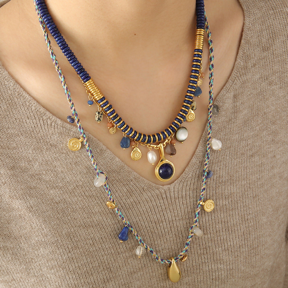 necklace  Tibetan blue stone natural lapis lazuli sweater chain women's freshwater pearl long beaded ethnic style necklace