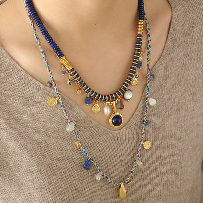 necklace  Tibetan blue stone natural lapis lazuli sweater chain women's freshwater pearl long beaded ethnic style necklace
