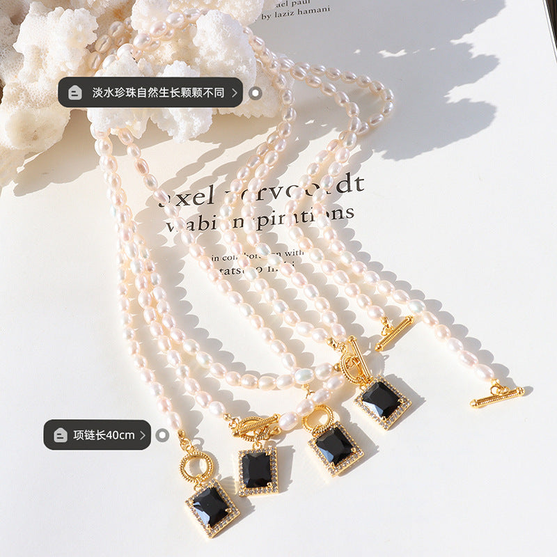 French freshwater pearl collarbone chain zircon starry square pendant necklace versatile titanium steel jewelry