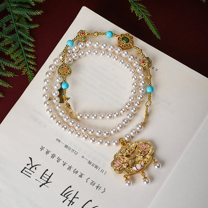 Shi Jiabei Pearl, Ancient Style, Blue Color, Ruyi Lock Pendant, Sand Gold Accessories, Necklace, Pearl Necklace