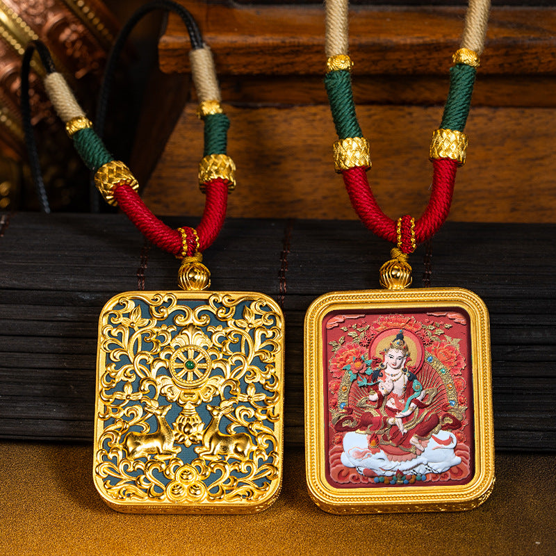 Green Tara Zakhilam Fifth Master's Past and Present Lives Necklace Hand drawn Tangka Brass Necklace