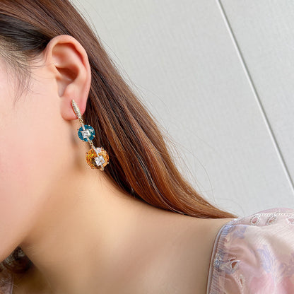 Micro inlaid with two colorful crystals, versatile silver needle earrings