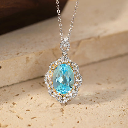 New high-end luxury pure silver s925 egg face necklace for women, set with natural color treasure sky blue topaz collarbone chain