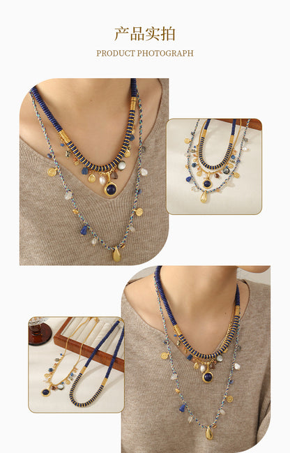 necklace  Tibetan blue stone natural lapis lazuli sweater chain women's freshwater pearl long beaded ethnic style necklace