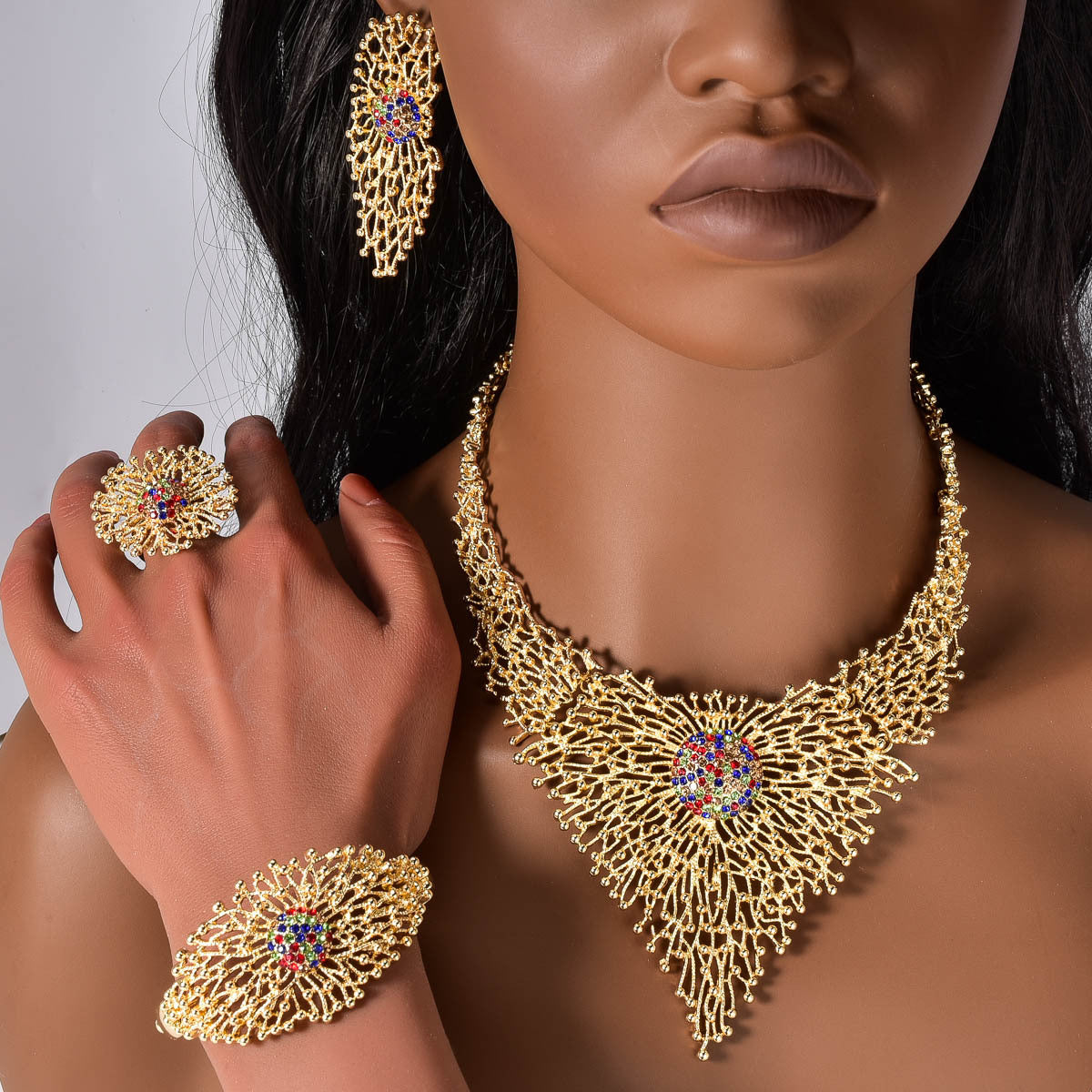 European and American Dubai 18K inlaid rhinestone necklace, earrings, rings, bracelets, jewelry set