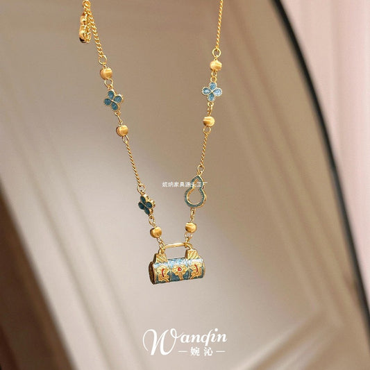 New Chinese style enamel fired blue safety lock pendant necklace