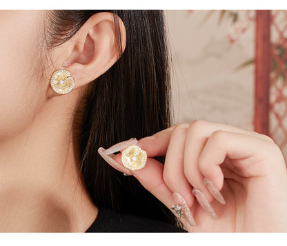 Italian brushed craftsmanship S925 pure silver lotus leaf pleated texture earrings with high-end temperament