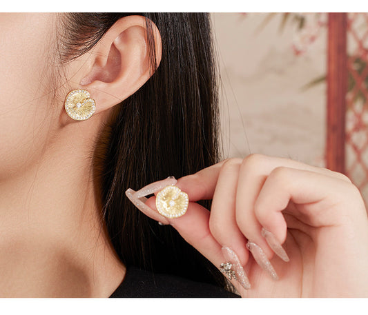 Italian brushed craftsmanship S925 pure silver lotus leaf pleated texture earrings with high-end temperament