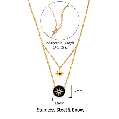 Titanium steel necklace, compass, eight pointed star necklace, Roman retro style, double-layer layered collarbone chain