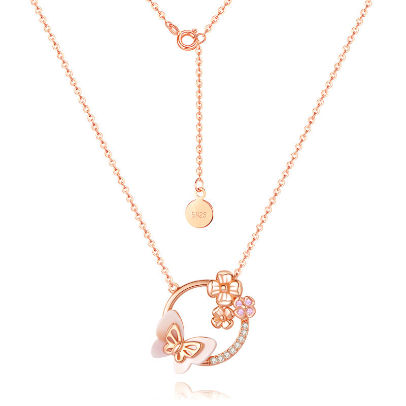 S925 Silver New Product Natural Powder Mother Shell Flower Spirit Butterfly Dream Necklace Clavicular Chain Women's Jewelry
