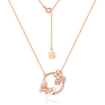 S925 Silver New Product Natural Powder Mother Shell Flower Spirit Butterfly Dream Necklace Clavicular Chain Women's Jewelry