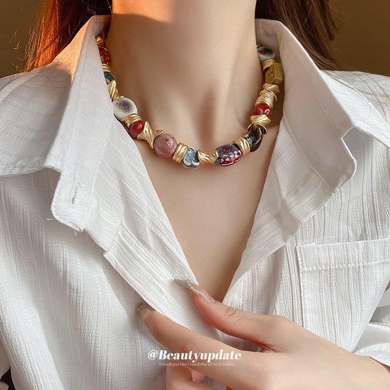 Ethnic style ceramic flower necklace, vintage collarbone chain